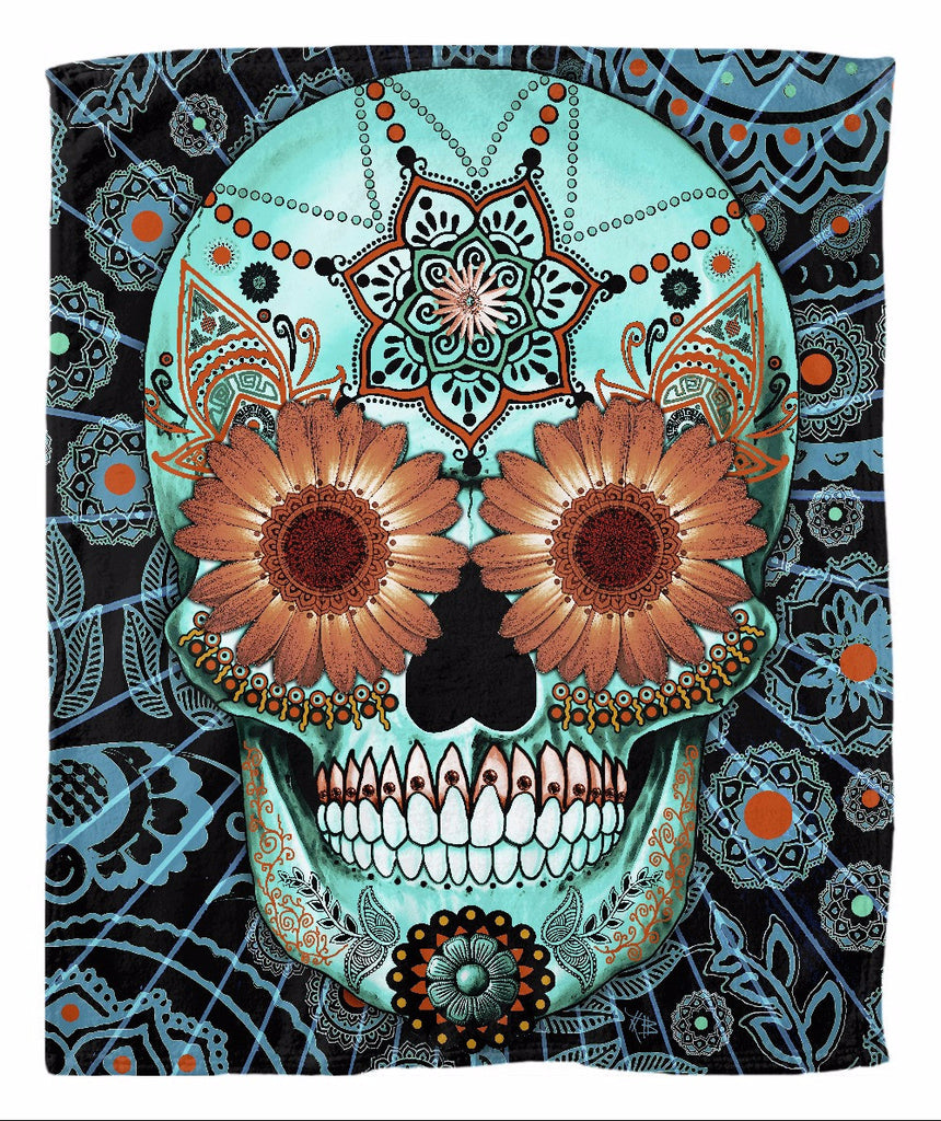 Blue and Orange Sugar Skull Fleece Blanket - Caribbean Blue - Fleece Blanket - Fusion Idol Arts - New Mexico Artist Christopher Beikmann