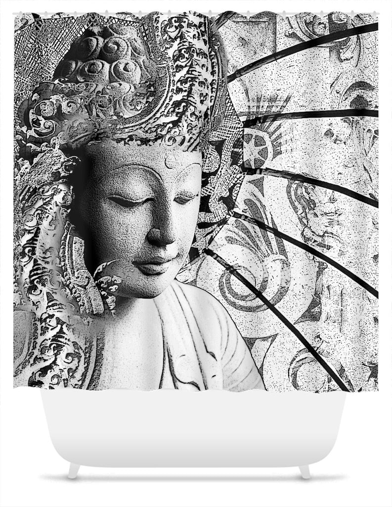 Black and White Buddha Shower Curtain - Bliss of Being - Shower Curtain - Fusion Idol Arts - New Mexico Artist Christopher Beikmann