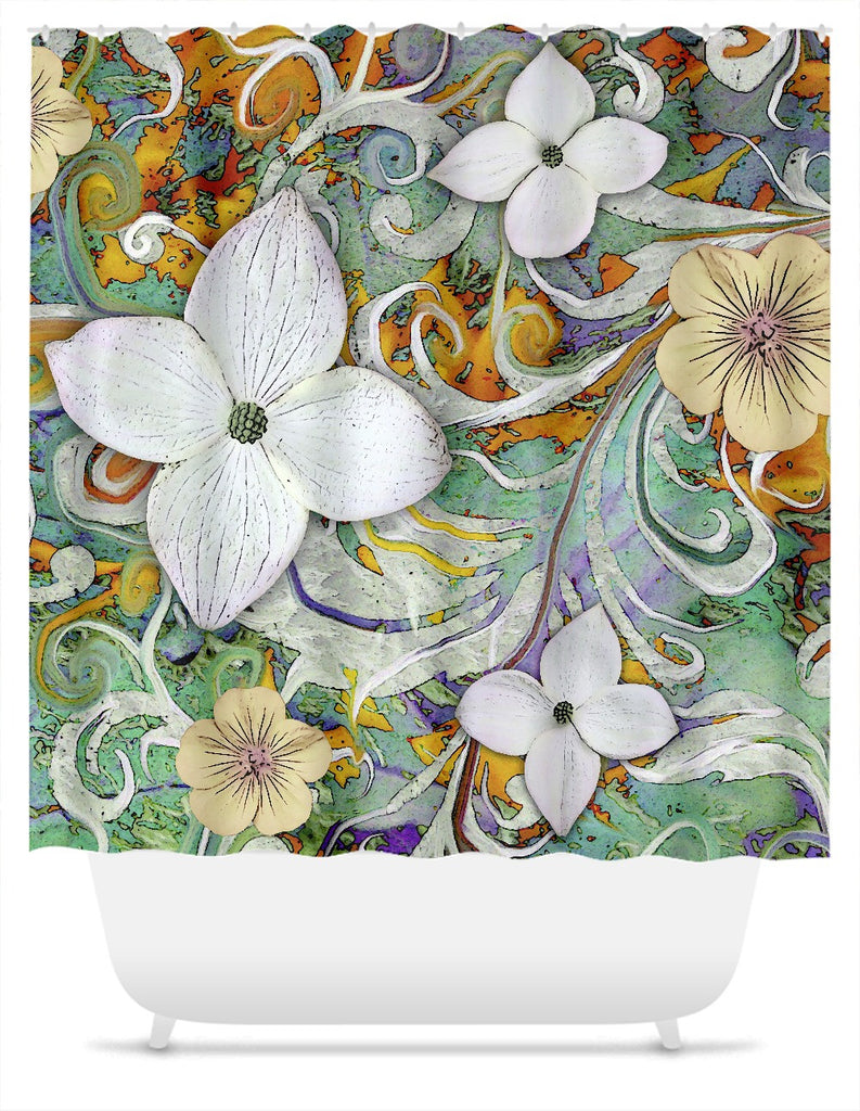 Green and Orange Spring Floral Shower Curtain - Sangria Flora - Shower Curtain - Fusion Idol Arts - New Mexico Artist Christopher Beikmann