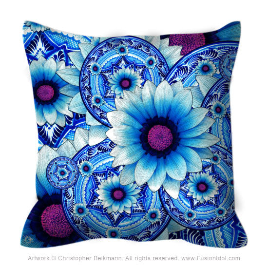 Blue and Purple Floral Throw Pillow - Talavera Alejandra - Throw Pillow - Fusion Idol Arts - New Mexico Artist Christopher Beikmann