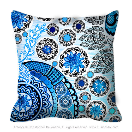 Blue Floral Paisley Pillow - Blue Mehndi - Throw Pillow - Fusion Idol Arts - New Mexico Artist Christopher Beikmann