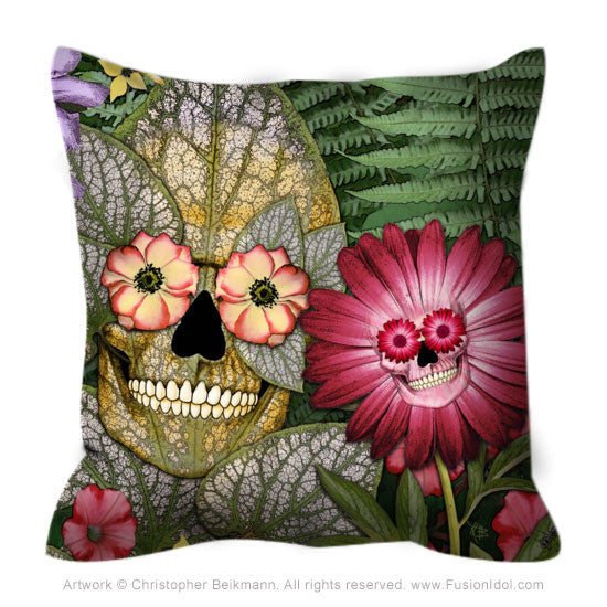 Garden Floral Skull Pillow - Born Again - Throw Pillow - Fusion Idol Arts - New Mexico Artist Christopher Beikmann