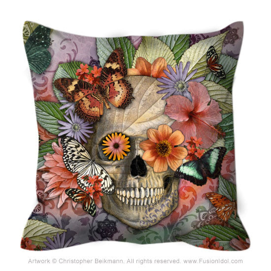 Butterfly Botaniskull Throw Pillow - Botanical Sugar Skull Pillow - Throw Pillow - Fusion Idol Arts - New Mexico Artist Christopher Beikmann