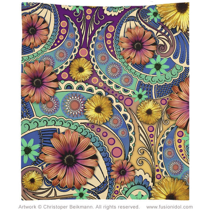 Colorful Paisley Daisy Art Tapestry- Lightweight Durable Polyester - Petals & Paisley - Tapestry - Fusion Idol Arts - New Mexico Artist Christopher Beikmann