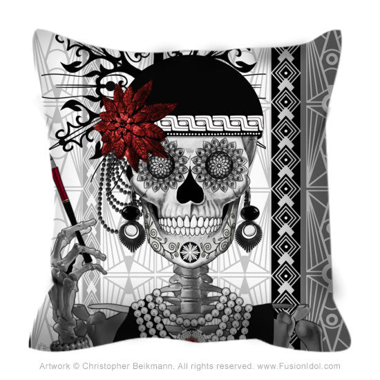 Flapper Girl Sugar Skull Throw Pillow - 1920's Art Deco Skull Pillow - Mrs Gloria Vanderbone - Throw Pillow - Fusion Idol Arts - New Mexico Artist Christopher Beikmann