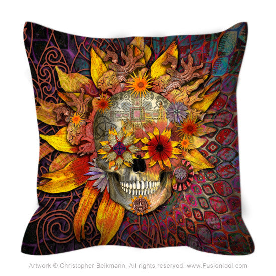 Origins Botaniskull - Sugar Skull Throw Pillow - Throw Pillow - Fusion Idol Arts - New Mexico Artist Christopher Beikmann