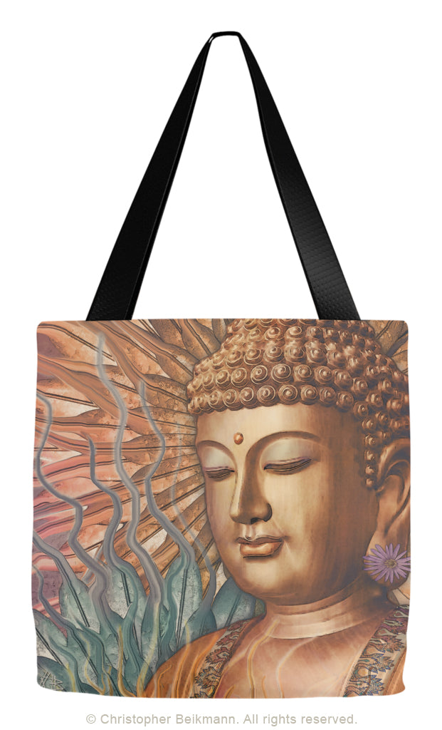 Orange, Teal and Lavender Buddha Tote Bag - Proliferation of Peace - Tote Bag - Fusion Idol Arts - New Mexico Artist Christopher Beikmann