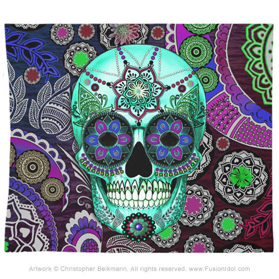 Sugar Skull Sombrero Night Tapestry - Day of the Dead Art - Tapestry - Fusion Idol Arts - New Mexico Artist Christopher Beikmann