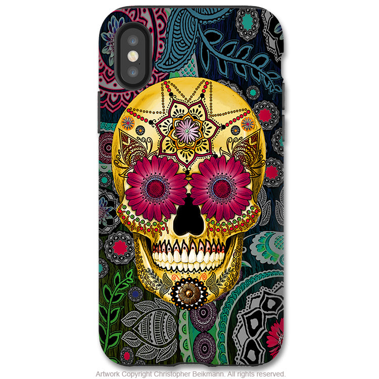 Sugar Skull Paisley Garden - iPhone X / XS / XS Max / XR Tough Case - Dual Layer Protection for Apple iPhone 10 - Dia De Los Muertos Art Case - iPhone X Tough Case - Fusion Idol Arts - New Mexico Artist Christopher Beikmann