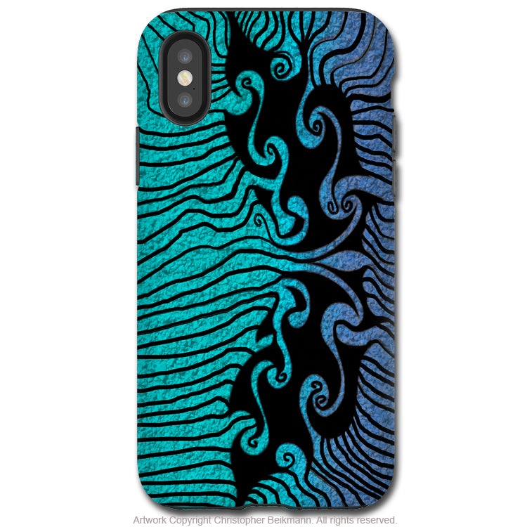 Blue Tribal Surf - iPhone X / XS / XS Max / XR Tough Case - Dual Layer Protection for Apple iPhone 10 - Tribal Ocean Surf Art Case - iPhone X Tough Case - Fusion Idol Arts - New Mexico Artist Christopher Beikmann
