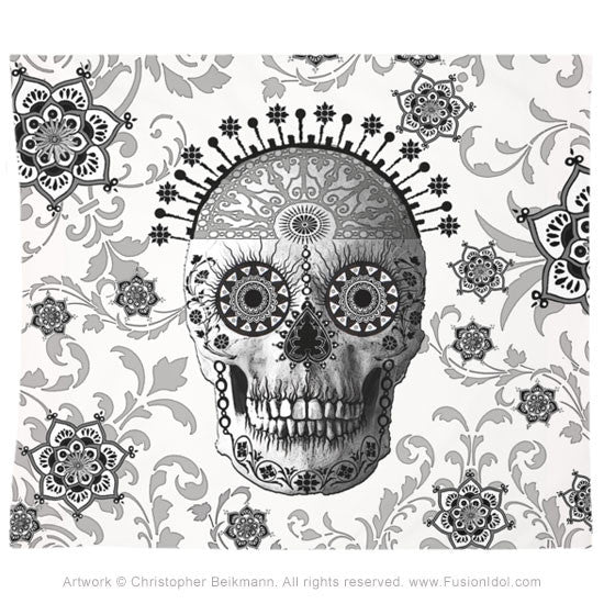 Victorian Bones Tapestry - Black and White Sugar Skull - Tapestry - Fusion Idol Arts - New Mexico Artist Christopher Beikmann