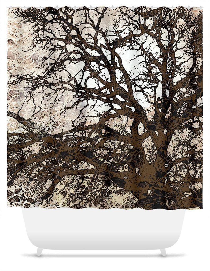 Autumn Moonlit Night - Tan and Brown Tree Silhouette Shower Curtain - Shower Curtain - Fusion Idol Arts - New Mexico Artist Christopher Beikmann
