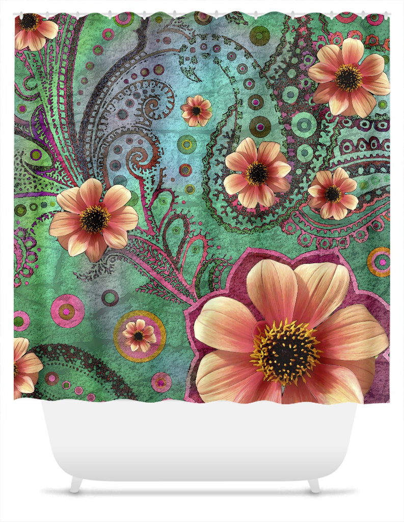 Green and Orange Paisley Shower Curtain - Paisley Paradise - Shower Curtain - Fusion Idol Arts - New Mexico Artist Christopher Beikmann