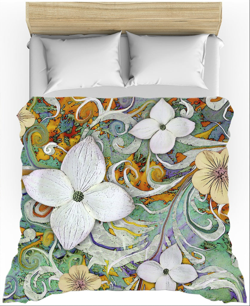 Spring Turquoise and Orange Floral Duvet Cover - Sangria Flora - Duvet Cover - Fusion Idol Arts - New Mexico Artist Christopher Beikmann