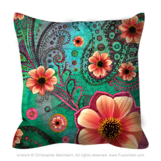 Green and Orange Modern Floral Throw Pillow - Paisley Paradise - Throw Pillow - Fusion Idol Arts - New Mexico Artist Christopher Beikmann