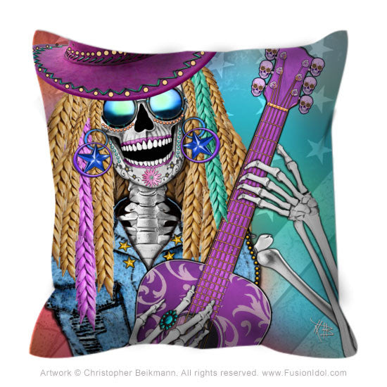 Country Girl Sugar Skull Day of the Dead Throw Pillow - Scary Underwood - Throw Pillow - Fusion Idol Arts - New Mexico Artist Christopher Beikmann