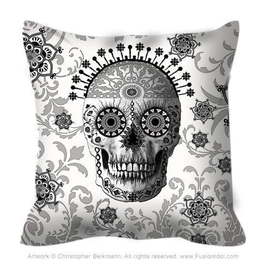 Black and White Sugar Skull Throw Pillow - Victorian Bones - Throw Pillow - Fusion Idol Arts - New Mexico Artist Christopher Beikmann