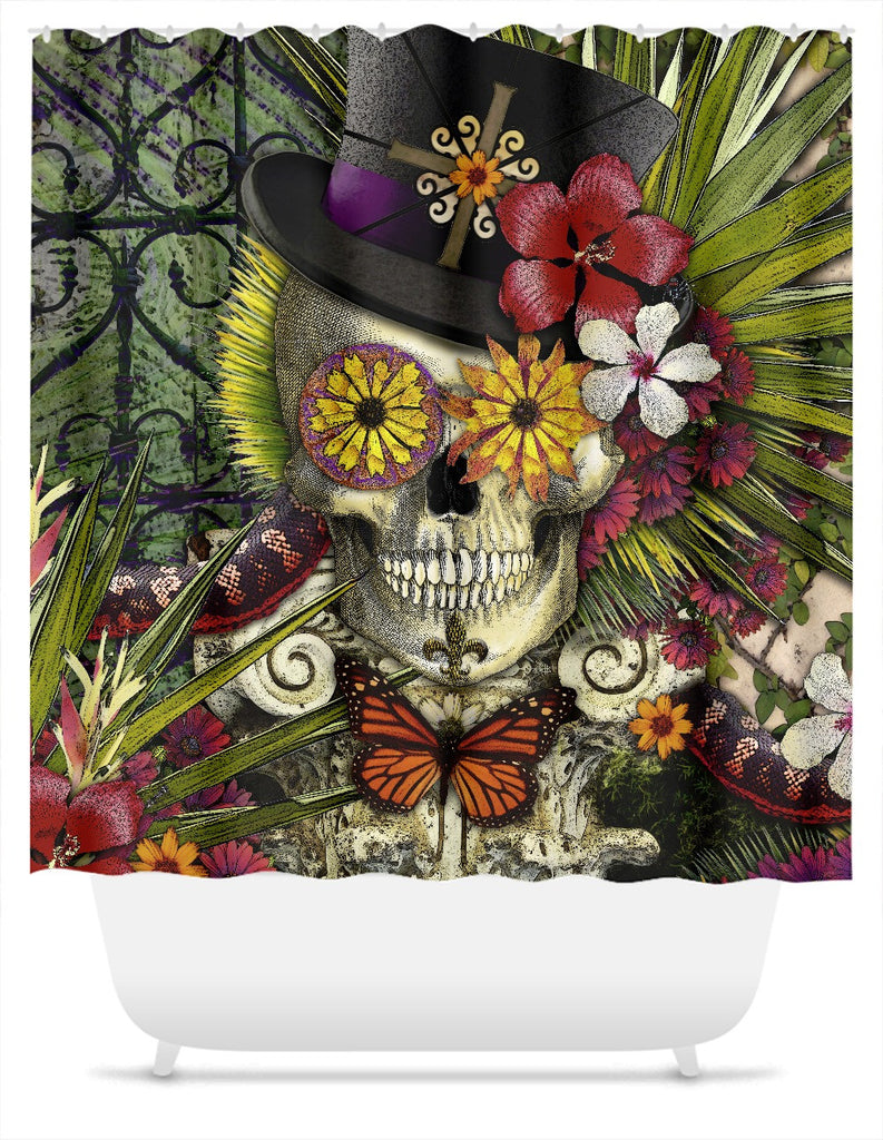Baron in Bloom Shower Curtain - New Orleans Baron Samedi Skull Art - Shower Curtain - Fusion Idol Arts - New Mexico Artist Christopher Beikmann