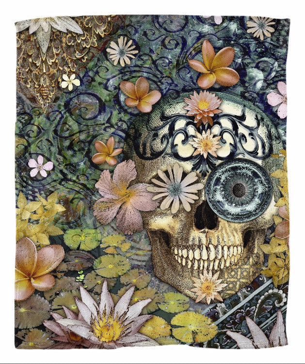 Floral Balinese Style Skull Art Fleece Blanket - Bali Botaniskull - Fleece Blanket - Fusion Idol Arts - New Mexico Artist Christopher Beikmann