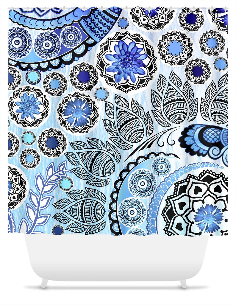 Blue Paisley Shower Curtain - Blue Mehndi - Shower Curtain - Fusion Idol Arts - New Mexico Artist Christopher Beikmann