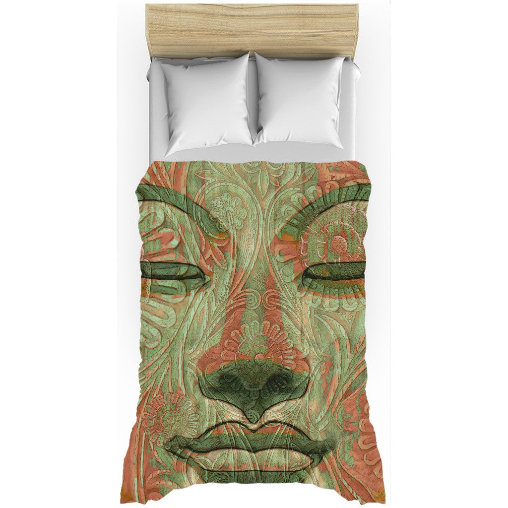 Green and Orange Buddha Face Duvet Cover - Manifestation of Mind - Duvet Cover - Fusion Idol Arts - New Mexico Artist Christopher Beikmann