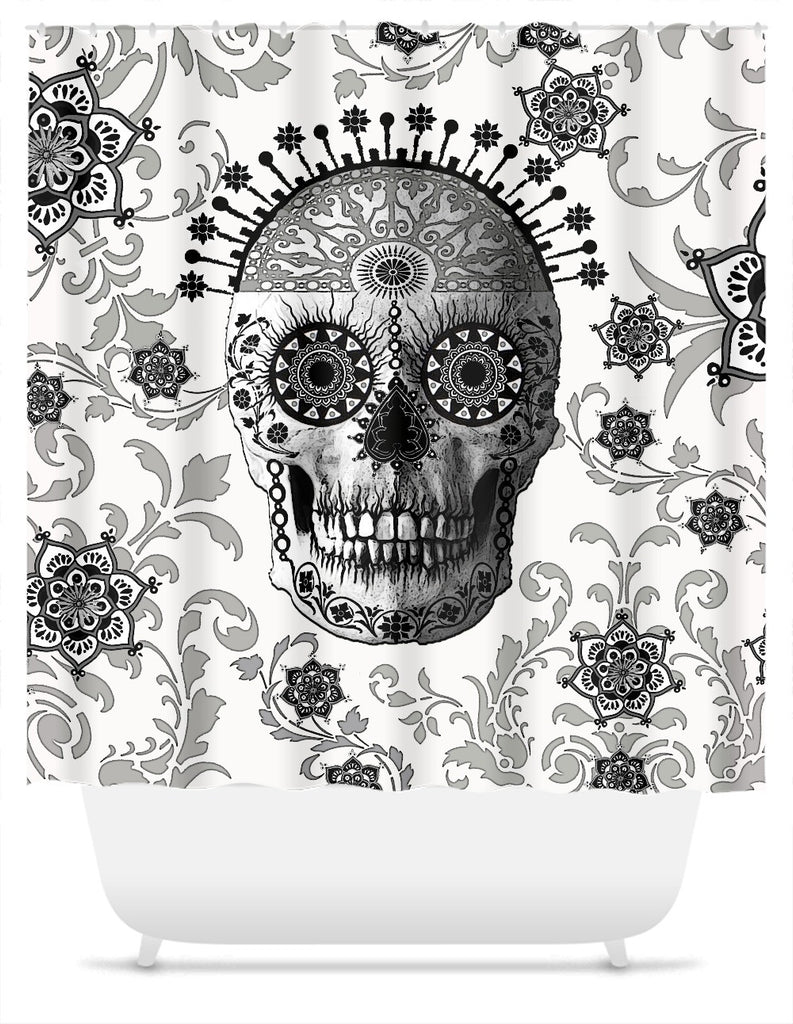 Black and White Paisley Sugar Skull Shower Curtain - Victorian Bones - Shower Curtain - Fusion Idol Arts - New Mexico Artist Christopher Beikmann