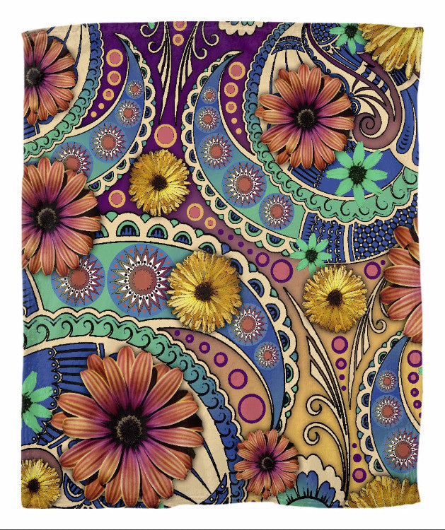 Colorful Daisy Floral Paisley Fleece Blanket - Petals and Paisley - Fleece Blanket - Fusion Idol Arts - New Mexico Artist Christopher Beikmann