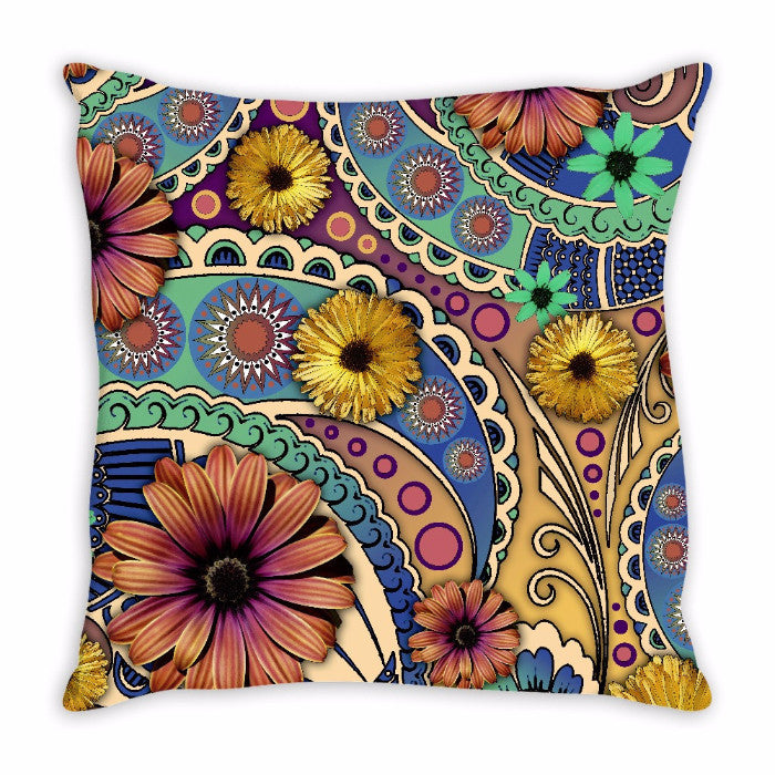 Colorful Daisy Floral Throw Pillow - Petals and Paisley - Throw Pillow - Fusion Idol Arts - New Mexico Artist Christopher Beikmann