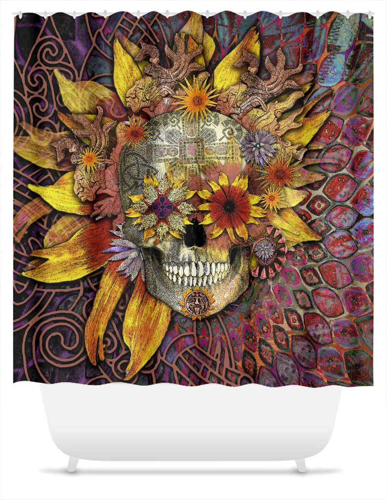 Origins Botaniskull Shower Curtain - Sun Flower Sugar Skull - Shower Curtain - Fusion Idol Arts - New Mexico Artist Christopher Beikmann