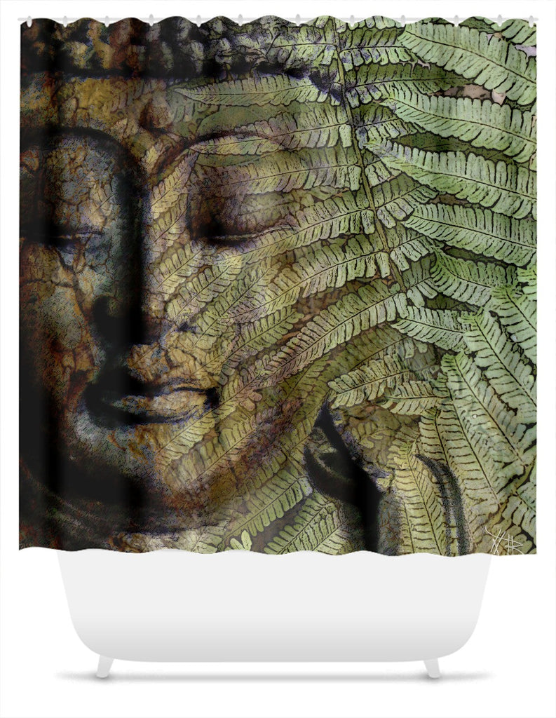 Green and Brown Fern Buddha Shower Curtain - Convergence of Thought - Shower Curtain - Fusion Idol Arts - New Mexico Artist Christopher Beikmann