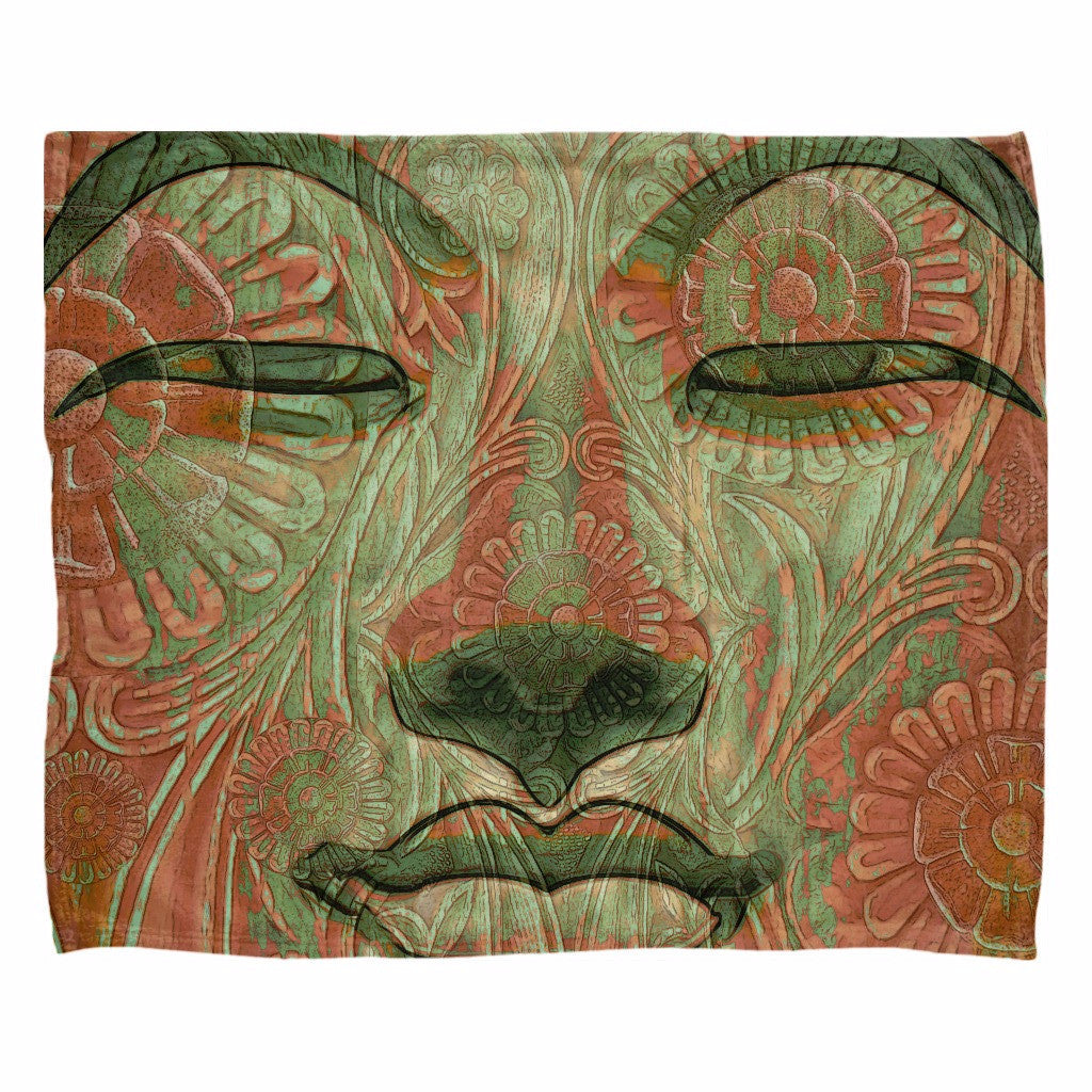 Green and Orange Buddha Face Fleece Blanket - Manifestation of Mind - Fleece Blanket - Fusion Idol Arts - New Mexico Artist Christopher Beikmann