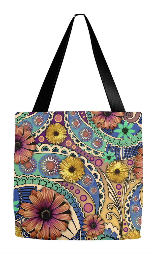 Colorful Daisy Paisley Art Tote Bag - Petals and Paisley - Tote Bag - Fusion Idol Arts - New Mexico Artist Christopher Beikmann