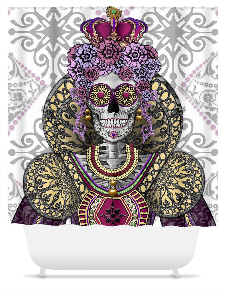 Day of the Dead Skull Queen Shower Curtain - Mary Queen of Skulls - Shower Curtain - Fusion Idol Arts - New Mexico Artist Christopher Beikmann
