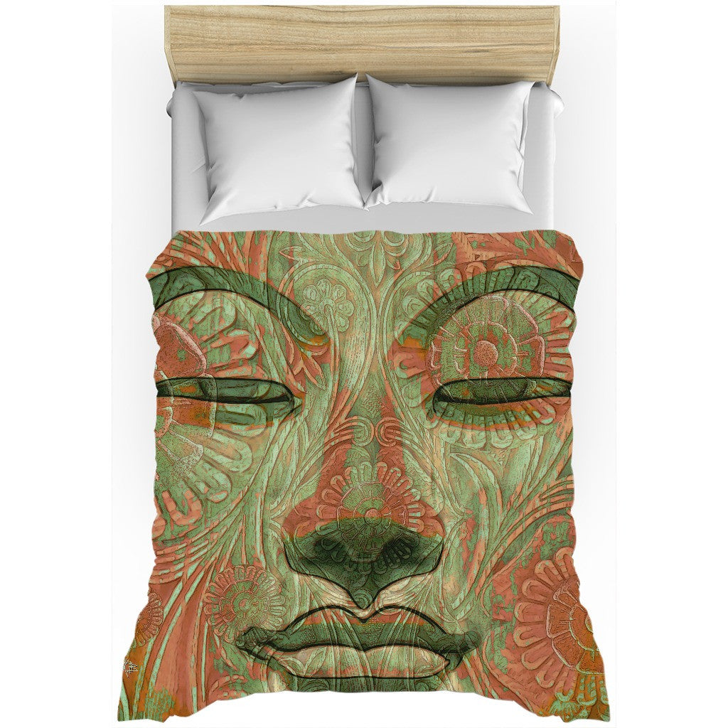 Green and Orange Buddha Face Duvet Cover - Manifestation of Mind - Duvet Cover - Fusion Idol Arts - New Mexico Artist Christopher Beikmann