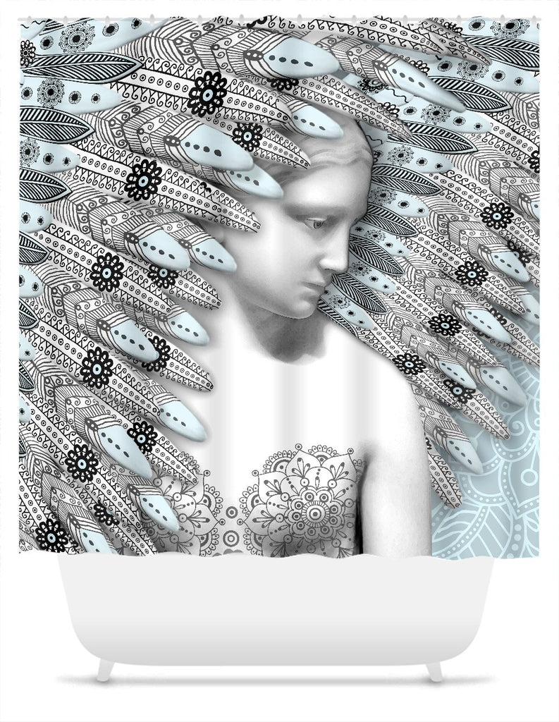Angel of Winter Shower Curtain - Blue and Gray Paisley Goddess Art - Shower Curtain - Fusion Idol Arts - New Mexico Artist Christopher Beikmann