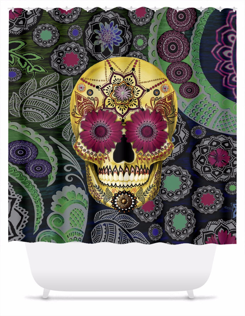 Colorful Floral Sugar Skull Shower Curtain - Sugar Skull Paisley Garden - Shower Curtain - Fusion Idol Arts - New Mexico Artist Christopher Beikmann