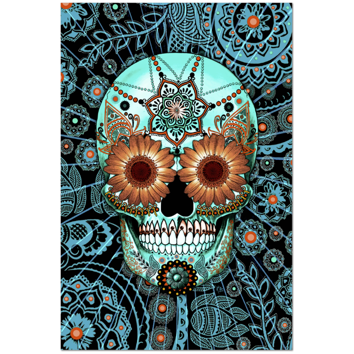 Blue and Orange Paisley Day of The Dead Art Canvas - Sugar Skull Caribbean Blue - Premium Canvas Gallery Wrap - Fusion Idol Arts - New Mexico Artist Christopher Beikmann