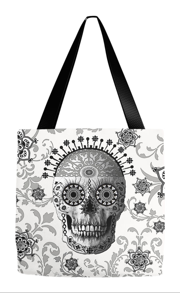 Black and White Paisley Sugar Skull Tote Bag - Victorian Bones - Tote Bag - Fusion Idol Arts - New Mexico Artist Christopher Beikmann