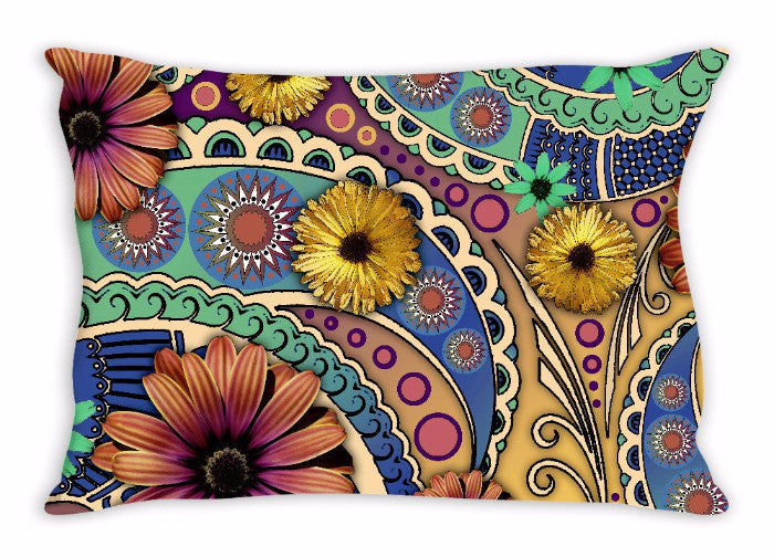 Colorful Daisy Floral Throw Pillow - Petals and Paisley - Throw Pillow - Fusion Idol Arts - New Mexico Artist Christopher Beikmann