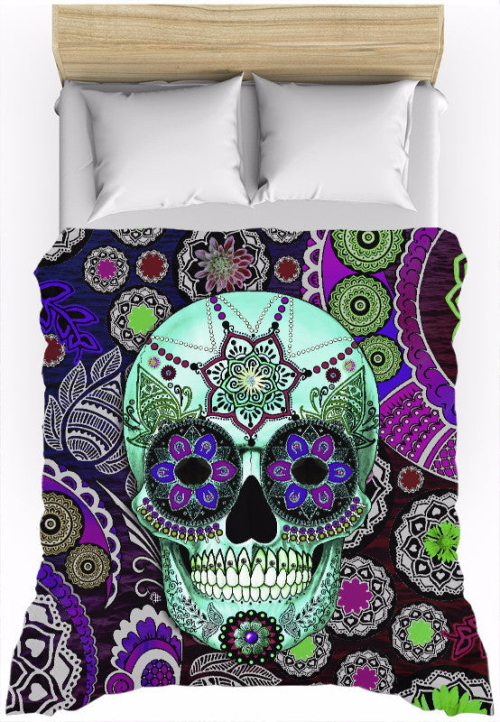 Purple Paisley Sugar Skull Duvet Cover - Sugar Skull Sombrero Night - Duvet Cover - Fusion Idol Arts - New Mexico Artist Christopher Beikmann