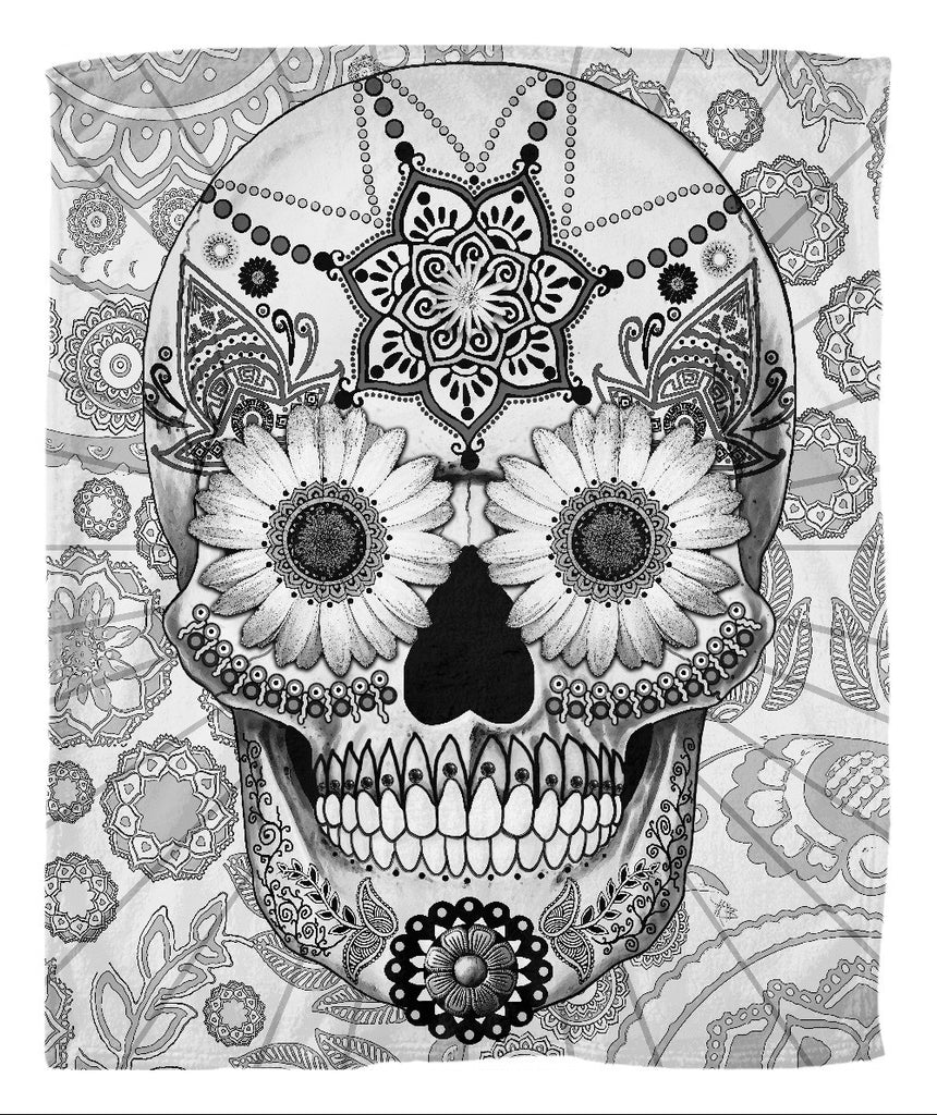 Black and White Day of the Dead Fleece Blanked - Sugar Skull Bleached Bones - Fleece Blanket - Fusion Idol Arts - New Mexico Artist Christopher Beikmann