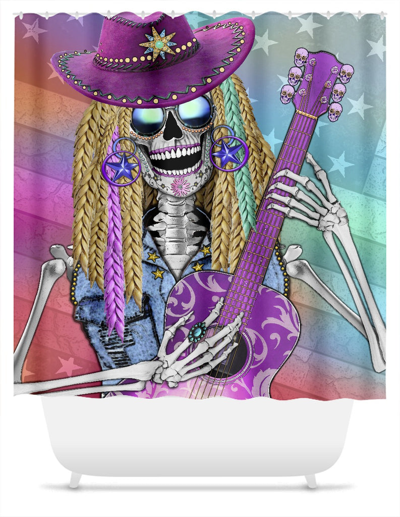 Country Western Diva Sugar Skull Shower Curtain - Scary Underwood - Shower Curtain - Fusion Idol Arts - New Mexico Artist Christopher Beikmann