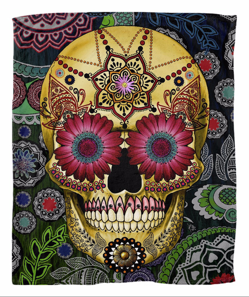Colorful Dia De Los Muertos Fleece Blanket - Sugar Skull Paisley Garden - Fleece Blanket - Fusion Idol Arts - New Mexico Artist Christopher Beikmann