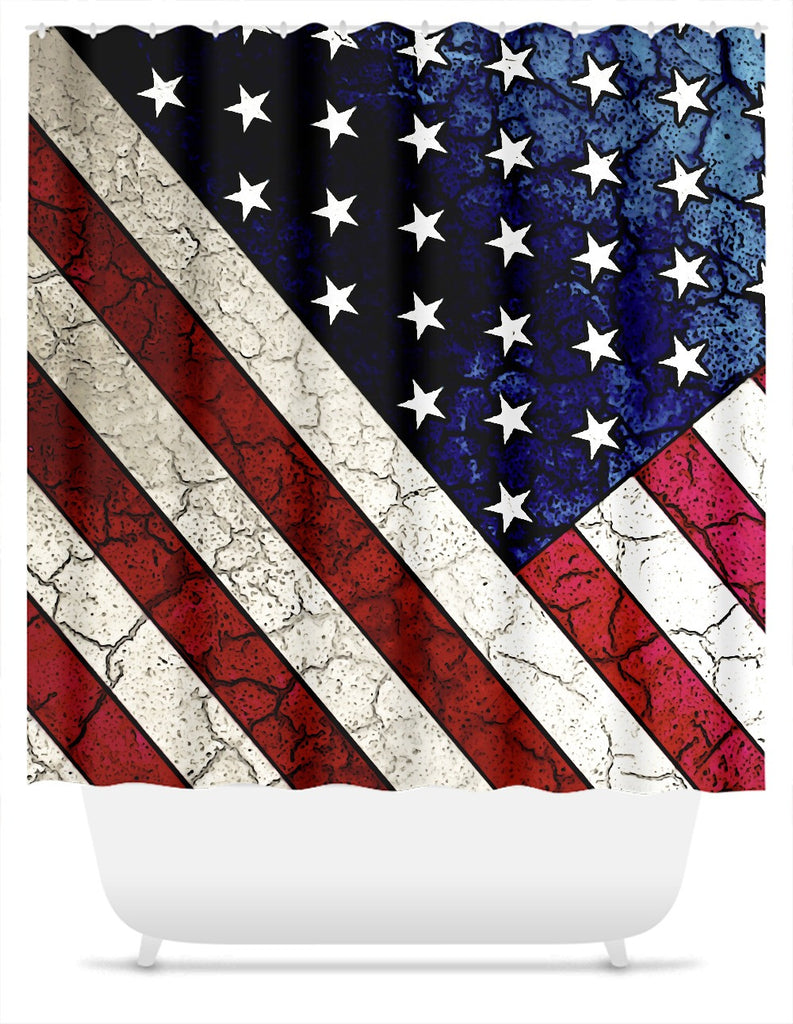 American Flag Shower Curtain - Vintage Crack Texture USA Flag - Stars and Stripes - Shower Curtain - Fusion Idol Arts - New Mexico Artist Christopher Beikmann