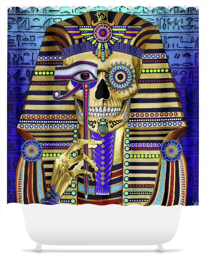 Egyptian Skull Day of The Dead Shower Curtain - Funky Bone Pharaoh - Shower Curtain - Fusion Idol Arts - New Mexico Artist Christopher Beikmann