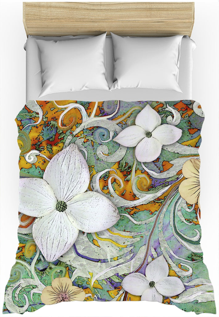 Spring Turquoise and Orange Floral Duvet Cover - Sangria Flora - Duvet Cover - Fusion Idol Arts - New Mexico Artist Christopher Beikmann