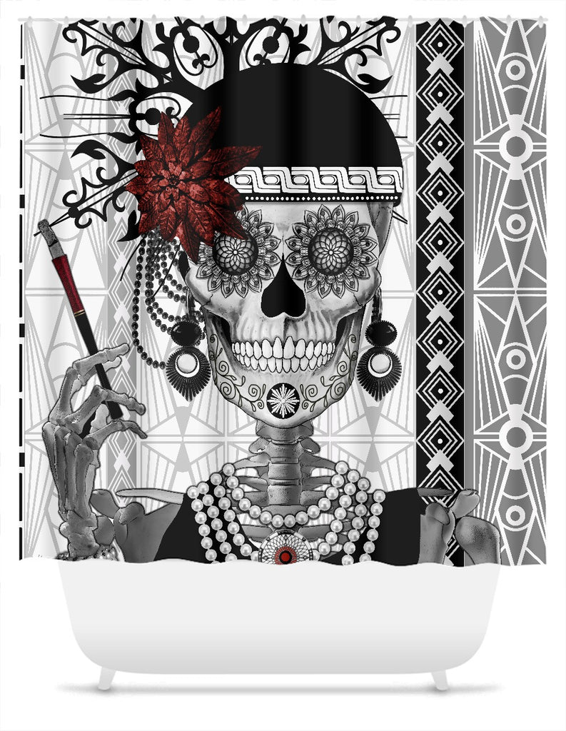 Flapper Girl Sugar Skull Shower Curtain - Mrs Gloria Vanderbone - Shower Curtain - Fusion Idol Arts - New Mexico Artist Christopher Beikmann