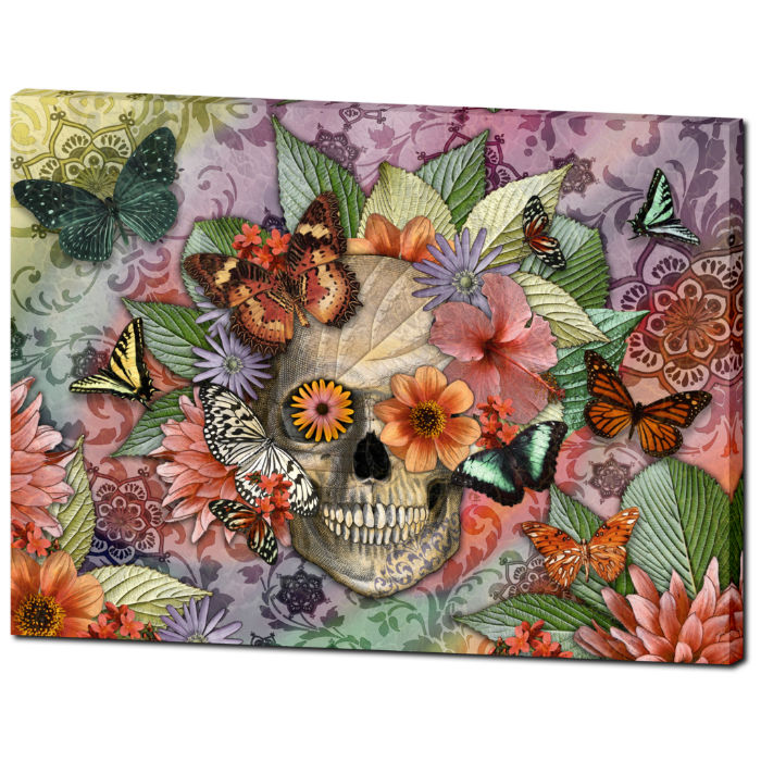 Butterfly Floral Skull - Canvas Print- Solid Surface - Sugar Skull Art - Butterfly Botaniskull - Premium Canvas Gallery Wrap - Fusion Idol Arts - New Mexico Artist Christopher Beikmann