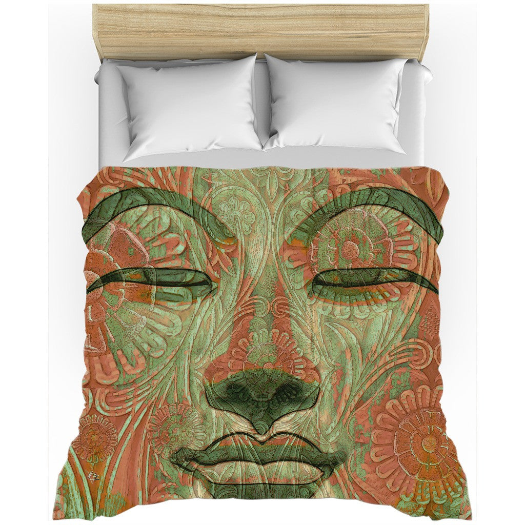 Green and Orange Buddha Face Duvet Cover - Manifestation of Mind - Duvet Cover - Fusion Idol Arts - New Mexico Artist Christopher Beikmann