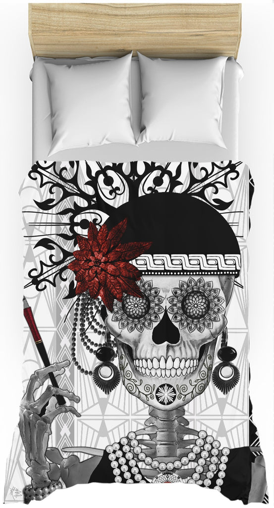 Flapper Girl Sugar Skull Duvet Cover - Mrs Gloria Vanderbone - Duvet Cover - Fusion Idol Arts - New Mexico Artist Christopher Beikmann